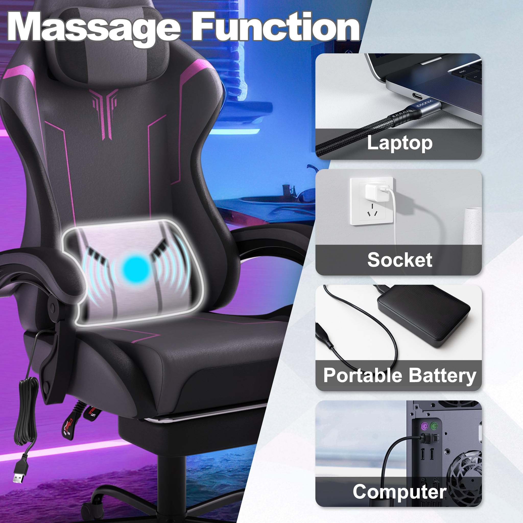 UISEBRT Silla de Gaming Ergonómica con Masaje y Reposapiés, Cómodo Asiento de Gaming Silla de Gaming con Respaldo Ajustable, Reposacabezas y Cojín Lumbar de Masaje - Gris & Negro & Violeta