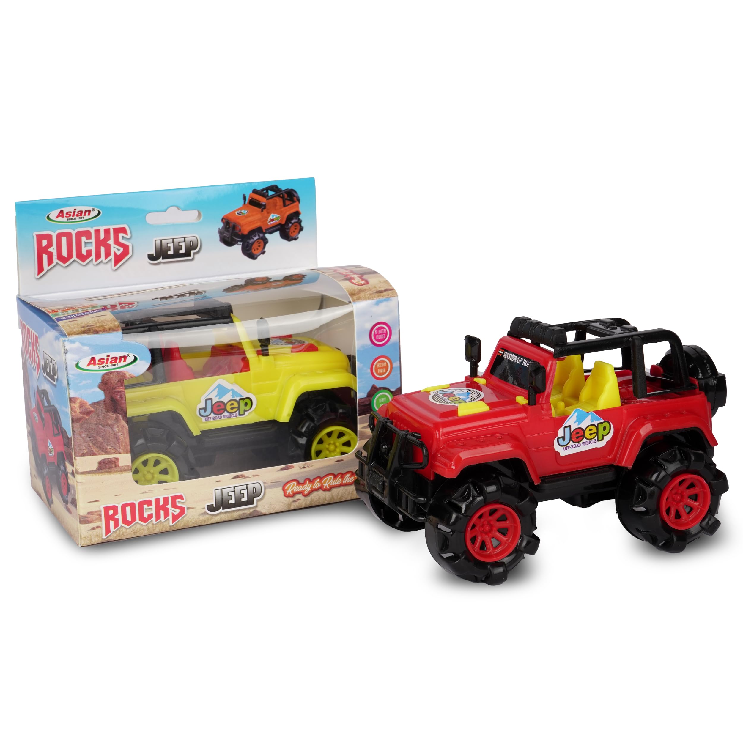 Asian Rock Jeep Car Toy for Kids – Off-Road Vehicle with Large Durable Wheels, Shockproof Body, Push & Go Action Toy for Boys & Girls - Red & Yellow