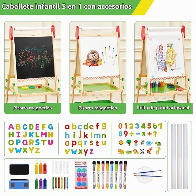 Foto 3 de 6 de FUNLIO Caballete de Arte para Niños de 3 a 8 años, Tablero Antideformación, pizarra infantil con Pizarra…