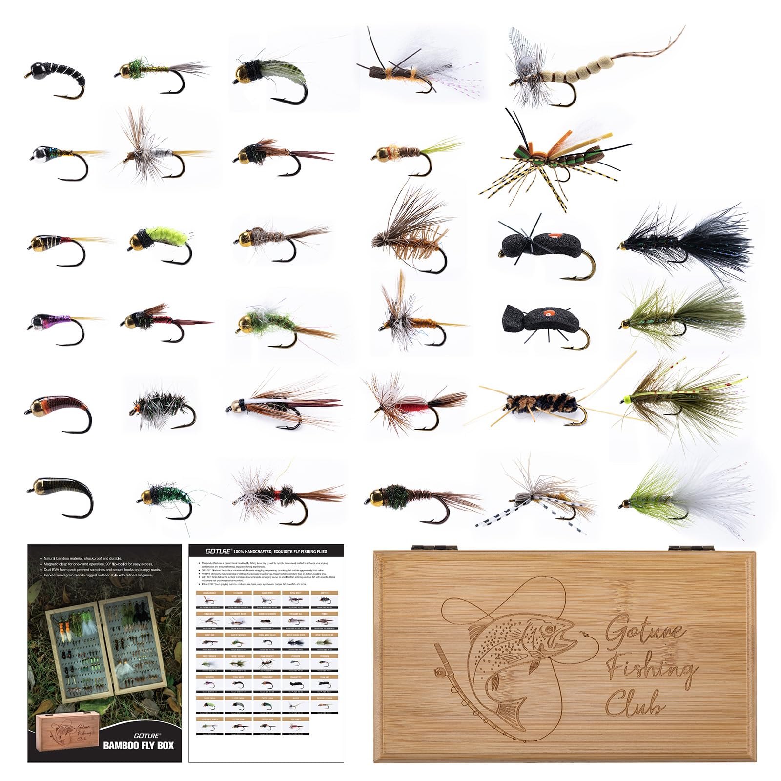 Goture Fly Fishing Flies Kit, 54pcs Dry Wet Flies Streamers Nymphs with Wooden Fly Box, Bass Trout Steelhead Salmon Lures Set Assortment Kit, Gifts for Men