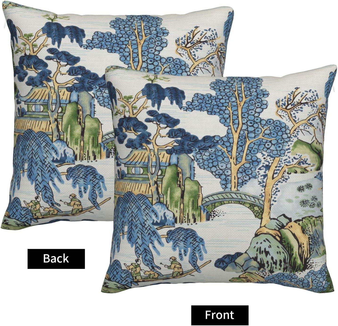Chinoiserie Pillow Covers 24x24 Inch Set of 2, Asian Scenic Blue and Kelly Green Throw Pillows Farmhouse Chinoiserie Decorative Pillowcase Linen Cushion Cover for Home Sofa Bedroom Outdoor