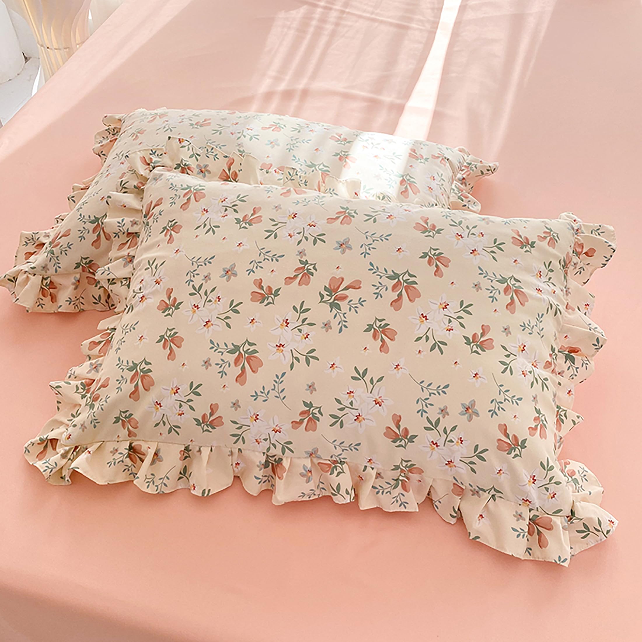 GETIYA Romantisch Rüschen Bettwäsche 135x200 4Teilig Rosa Blumen Bettwäsche Mädchen Damen Blümchen Bettbezug mit Rüschen Weich Mikrofaser Bettwaesche Rosa mit 2 Reißverschluss Kissenbezug 80x80