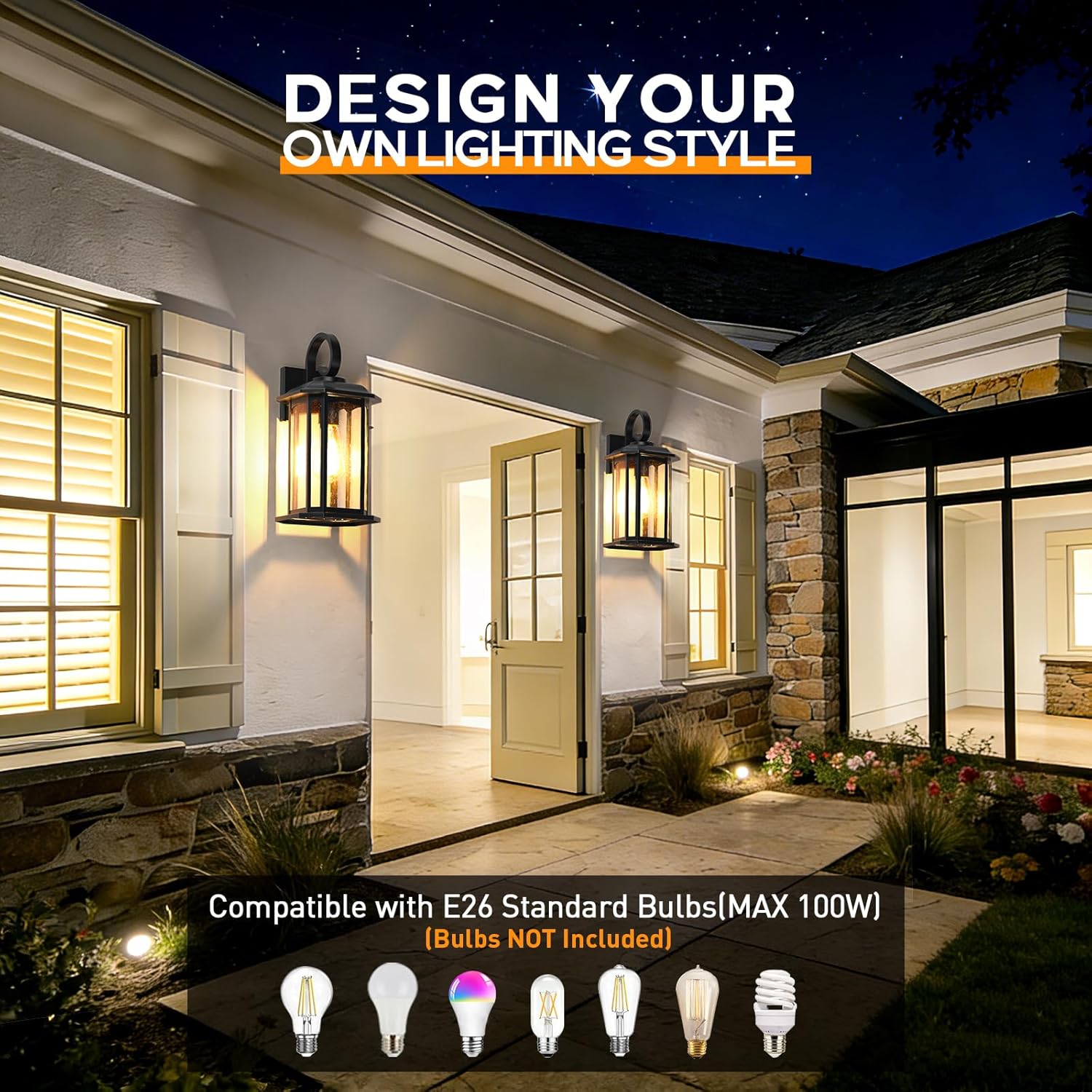 16.8'' Large Dusk to Dawn Outdoor Wall Lights, Black Exterior Lighting Fixtures Wall Sconce with Seeded Glass, Waterproof Front Porch Light Outside Wall Lantern for House Patio Garage, 1Pack