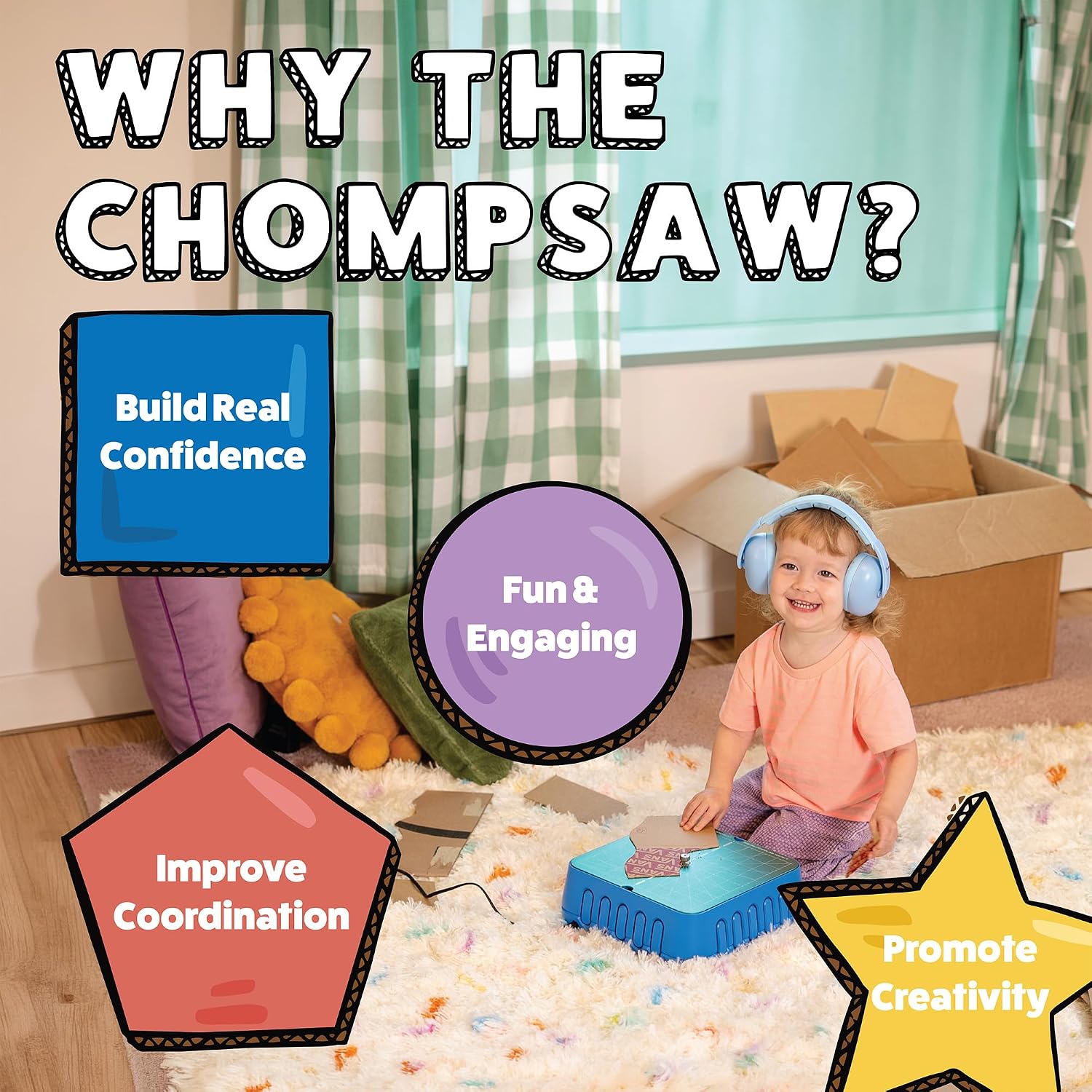 A toddler wearing ear-protection headphones using the ChompSaw on a rug, with a large open cardboard box in the background