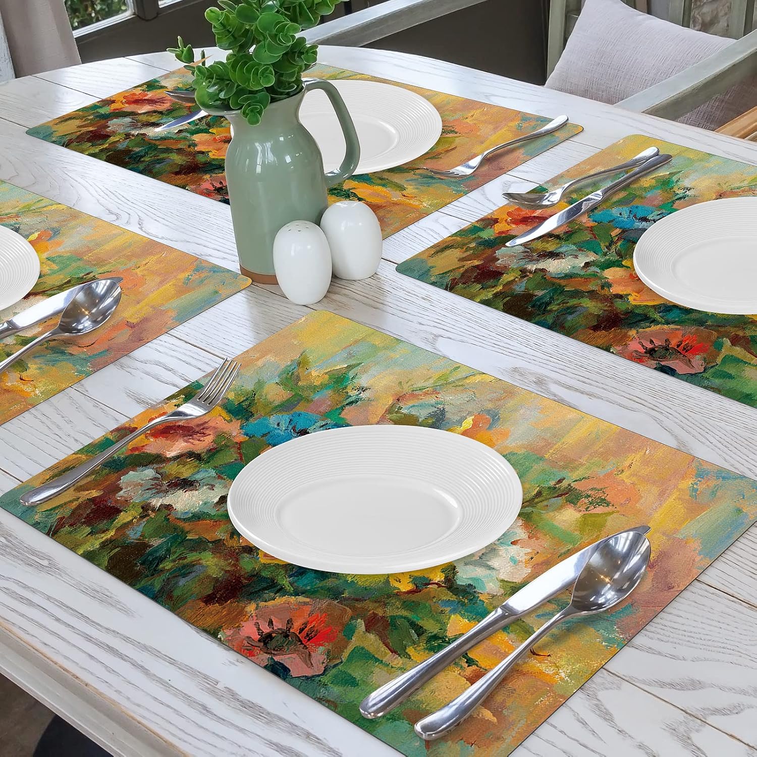 Painting Placemats Set of 4, Floral Faux Leather Place Mats for Holiday Banquet Kitchen Dining Table Decor, Heat Resistant Washable Non-Slip Waterproof Table Mats Set, 17" x 12"