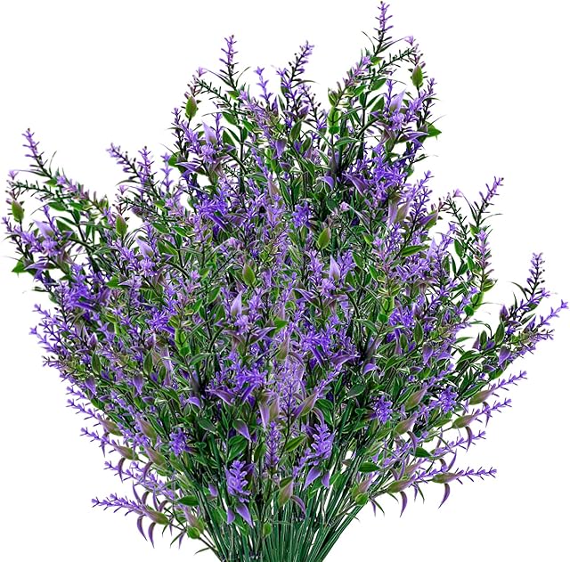 Artificial Lavender Flowers Bouquets 8 Pieces, Plastic UV Resistant Faux Flowers Plants, Fake Greenery Shrubs Bushes Plants Flowers Decorations for Garden Outdoor Indoor Home Decor(Purple)