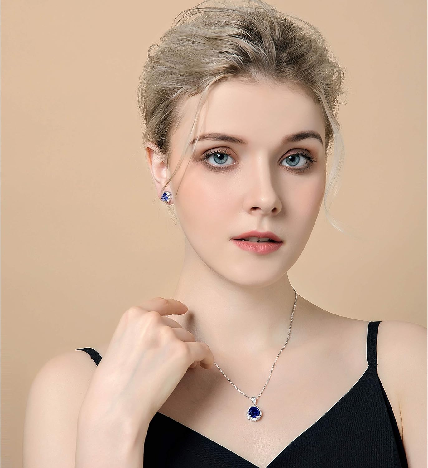 AMYJANE Halo Crystal Jewelry Set - Sterling Silver Round Cubic Zirconia Crystal Bridal Pendant Necklace Earrings Set for Wedding Bride Bridesmaids