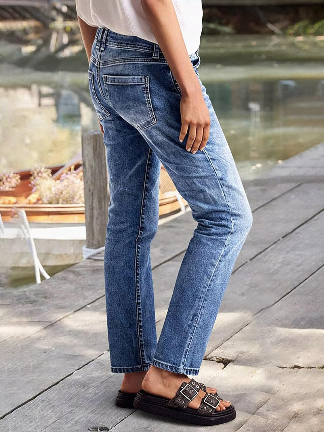 Flamingals Mid Waist Straight Leg Jeans for Women Strechy Wash Trendy Denim Pants