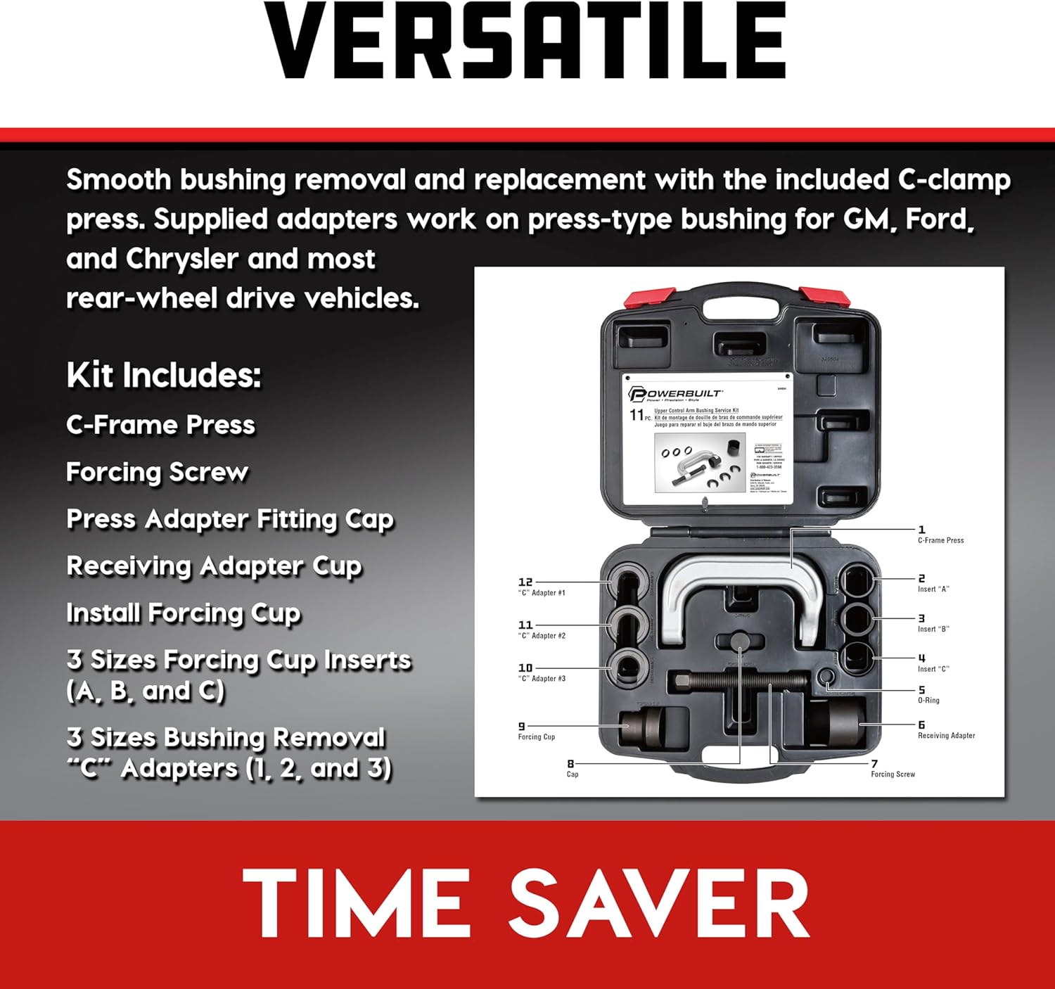 Powerbuilt Upper Control Arm Bushing Service Tool Set for Ford, GM and Chrysler, Remove and Install Car Bushings, 648604