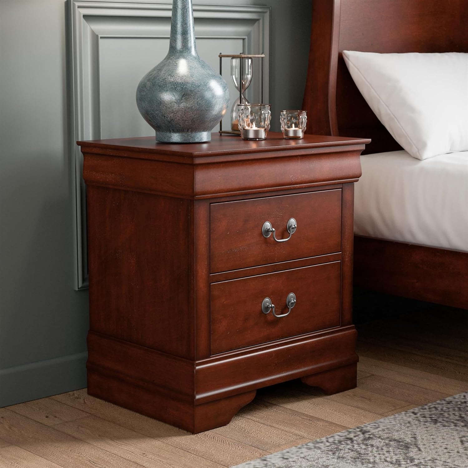 BOWERY HILL Transitional Wood 2-Drawer Nightstand, Cherry Finish, 21.63" W x 15.75" D x 23.75" H, Solid Wood and Veneer, Antique-Style Handles, Molded Trim, Bedroom Furniture with Storage