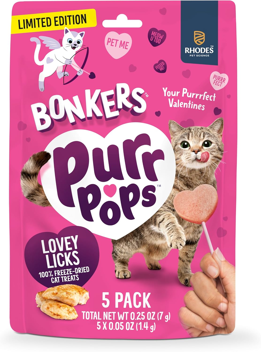 Bonkers Purrpops Valentines Edition Freeze-Dried Chicken Flavored Lollipop Treats for Cats (11 Pack, 55 Treats)