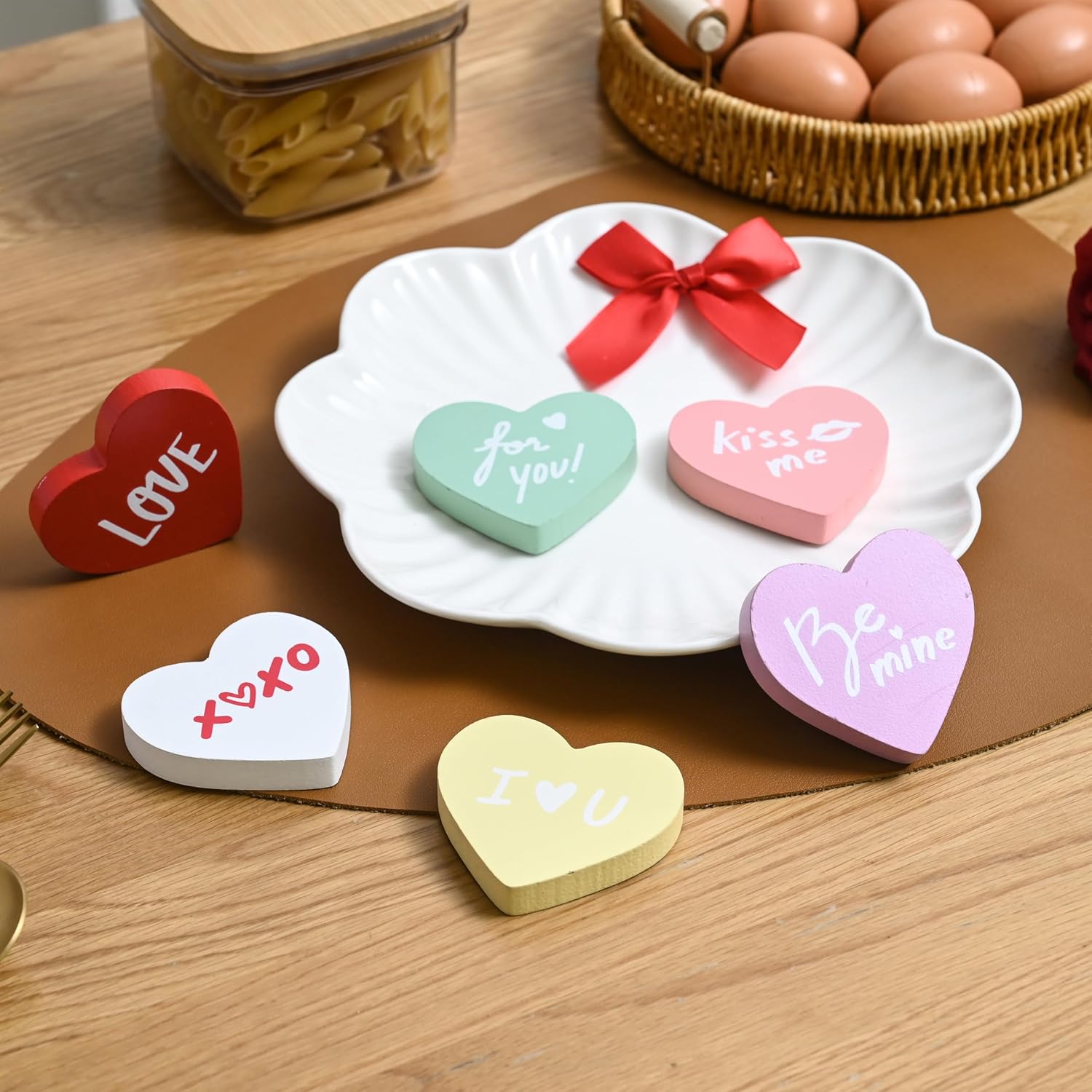 FESTGLOX Wooden Hearts for Valentine’s Day Decor, 6 PCS Small Heart Signs in Candy Color, Freestanding Conversation Hearts Decorations for Tiered Tray Decor, Table, Mantel, Wedding, Anniversary Dinner