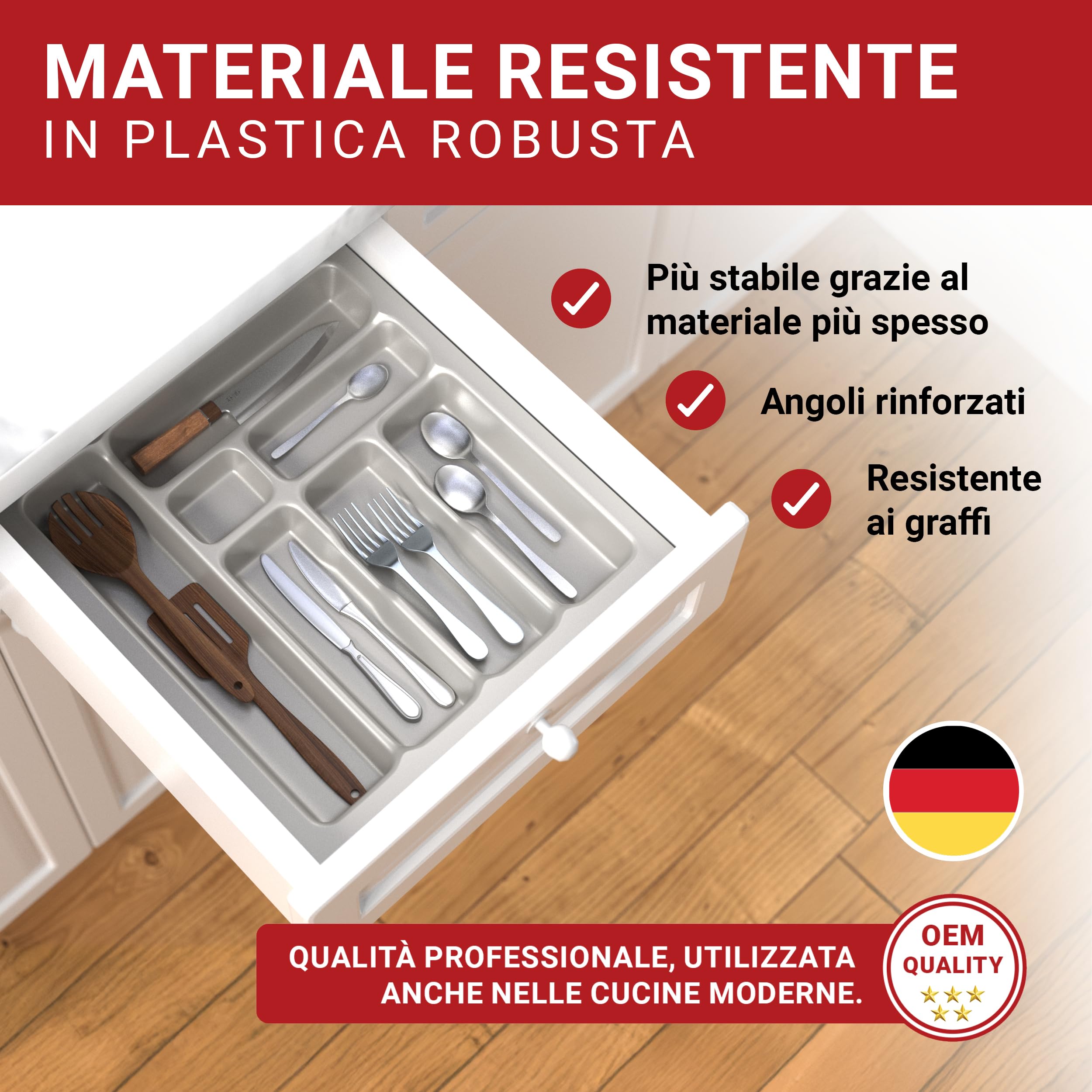 LouMaxx Portaposate per cassetti larghi cm, portaposate cm, prodotto in Germania, grigio con scomparti e angoli stabili, infrangibile e durevole (grigio argento, 47,3 x 42,6 cm - 7 scomparti)