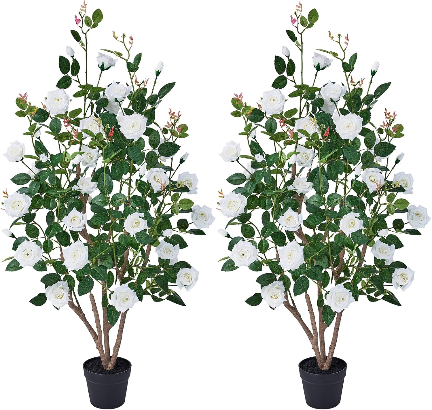 Fake Rose Plants,4Ft(48") White Artificial Roses,UV-Resistant Faux Silk Flowers for Indoor Outdoor,Potted Faux Trees for Home Decor, Courtyard,Patio, Front Porch Topiary Set of 2