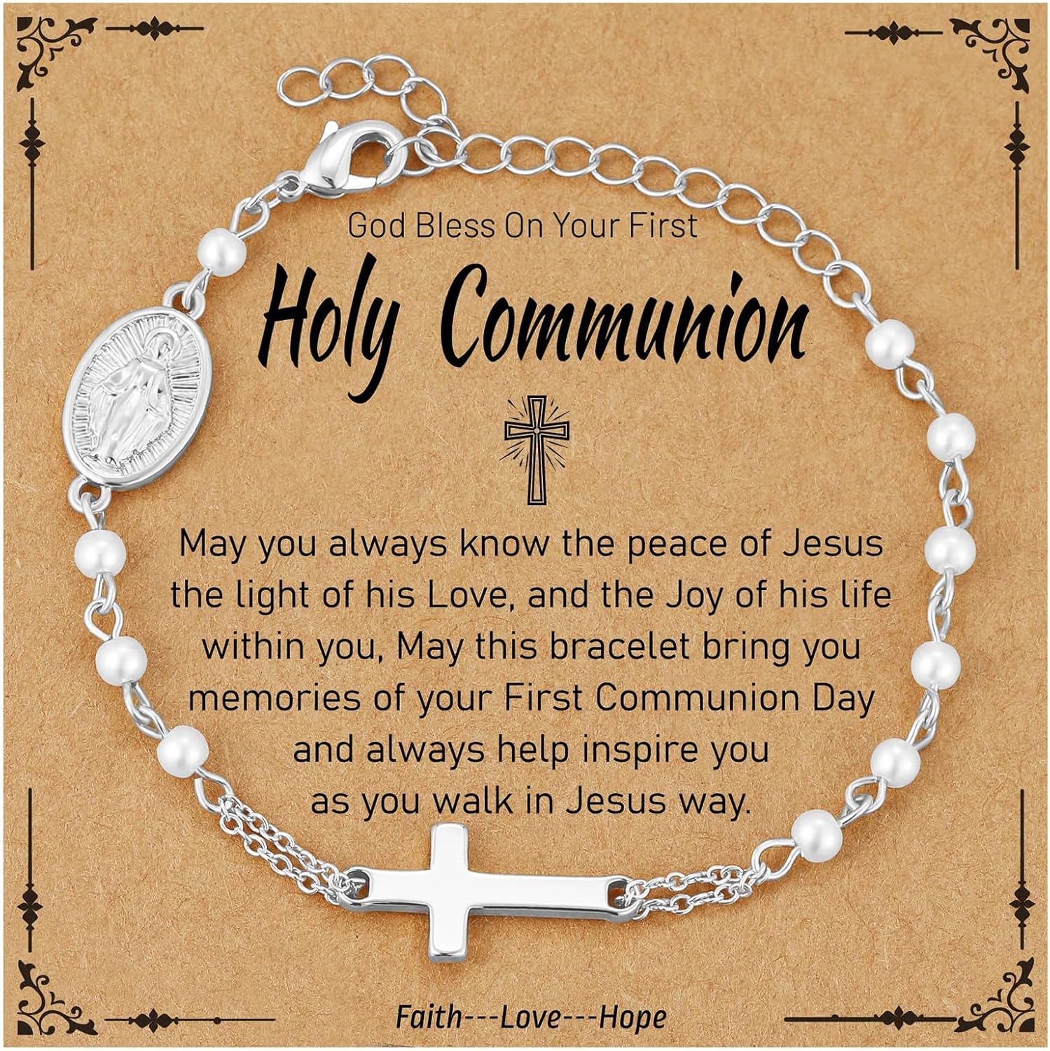 Catholic Bracelets Gifts for Women Girls, Simulated Pearl Rosary Beads Virgin Mary Cross Charm Bracelet Confirmation First Communion Baptism Religious Christian Jewelry Gift