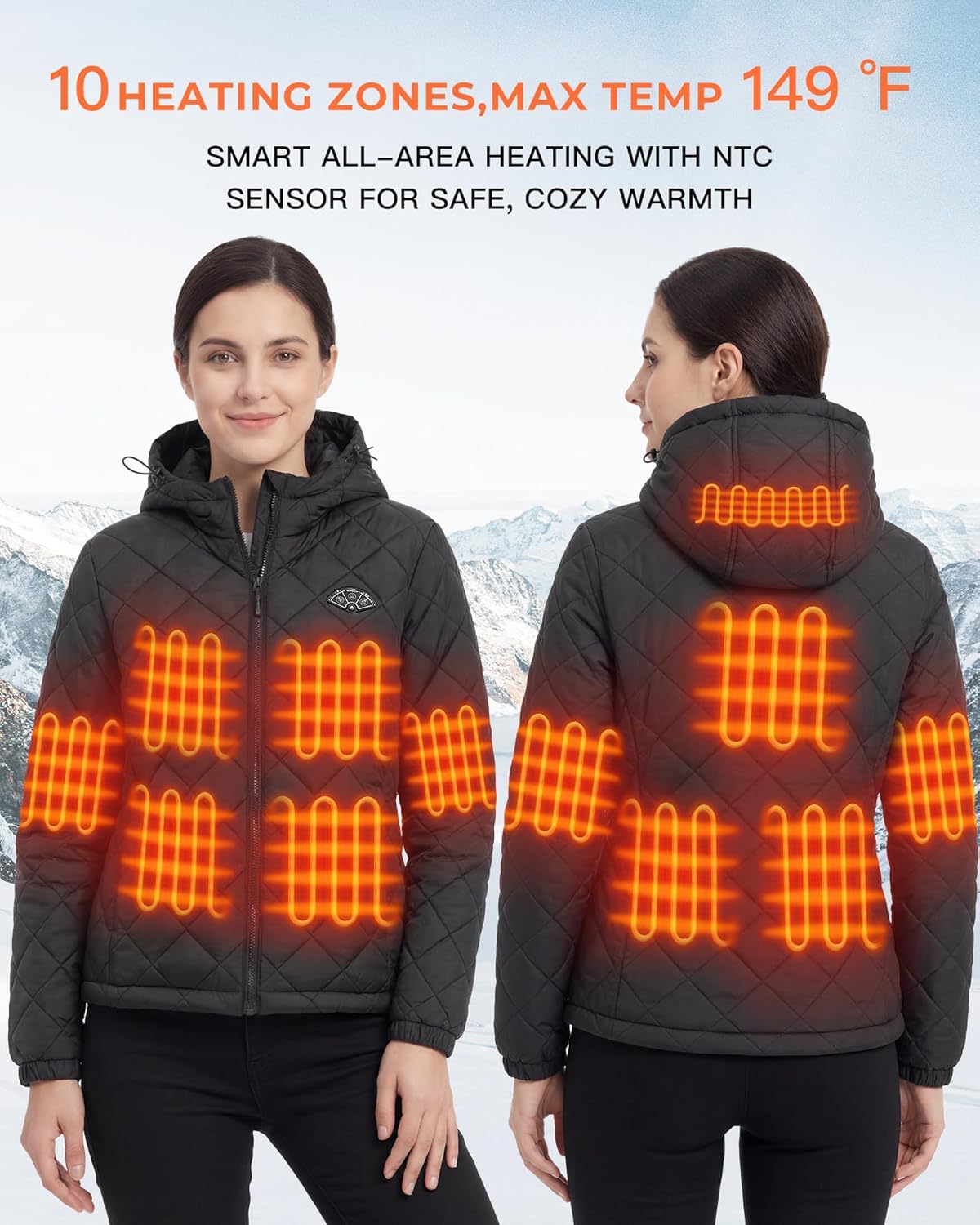 Topdot Quilted Heated Jacket for Women with 16000mAh 7.4V Battery Pack, 10 Heating Zones Lightweight Women's Heated Jacket - Image 5