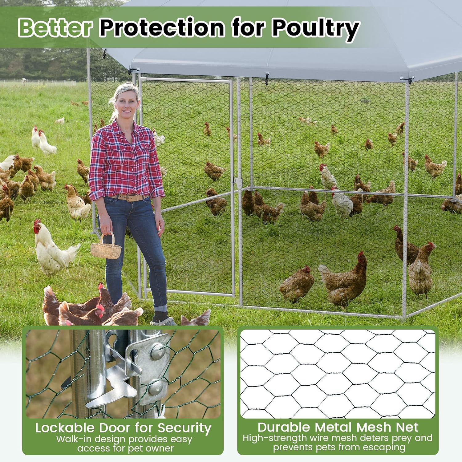 PETSITE Large Metal Chicken Coop, 13 ft Walk-in Chicken Run for 10-30 Chickens, Hexagonal Chicken Pen with Heavy Duty Steel Frame, Chicken Runs for Yard with Cover