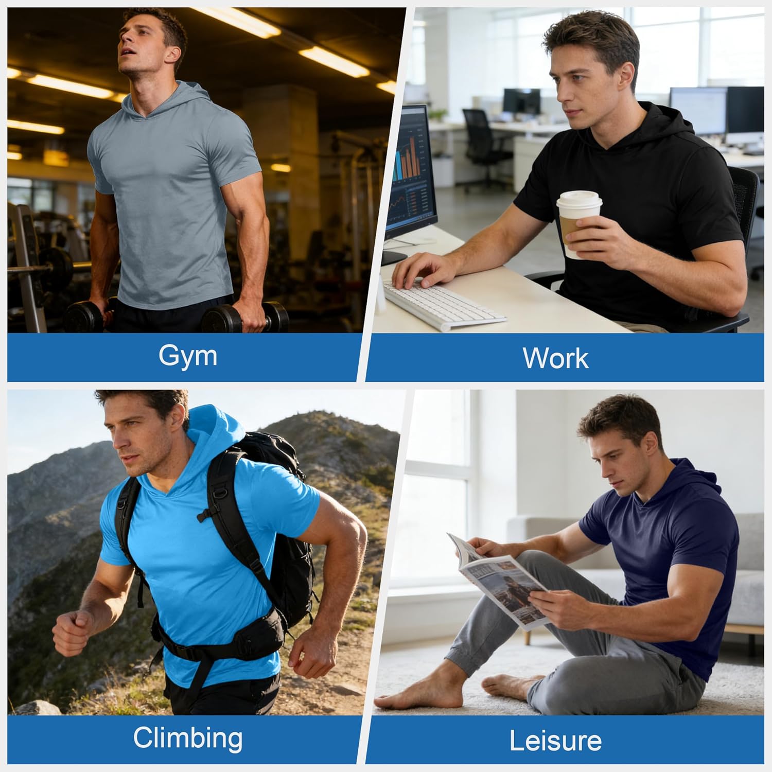 Mens Athletic Dry Fit Hoodie Shirts Workout Casual Sun Protection Hiking Sweatershirt Short Sleeve Sports Gym Tops - Image 7