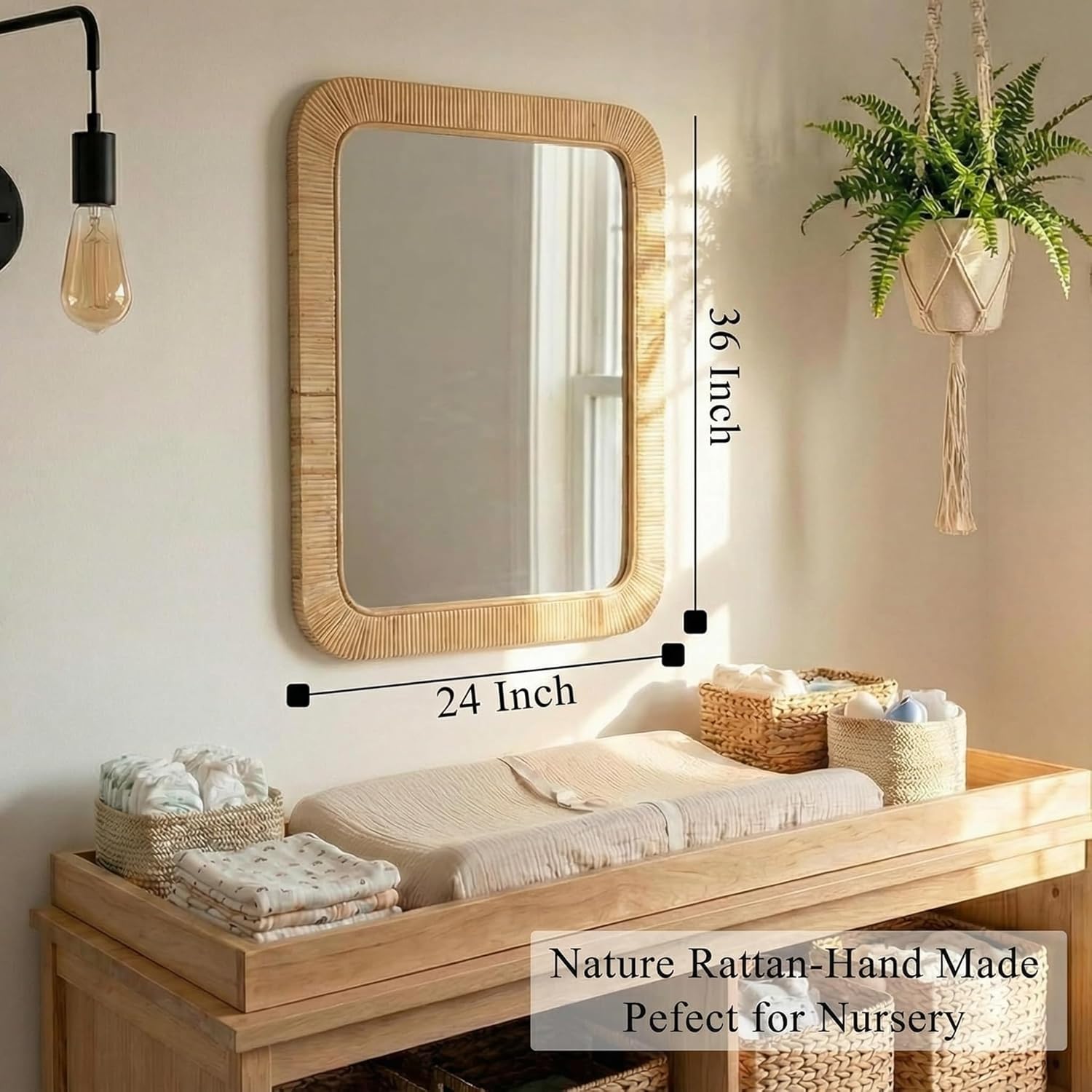 Rattan Rectangular Mirror 24x36, Boho Decorative Wall Mirror for Bathroom, Farmhouse Vanity Mirror for Nursery, Bedroom, Living Room Decor, Nursery & Children's Room