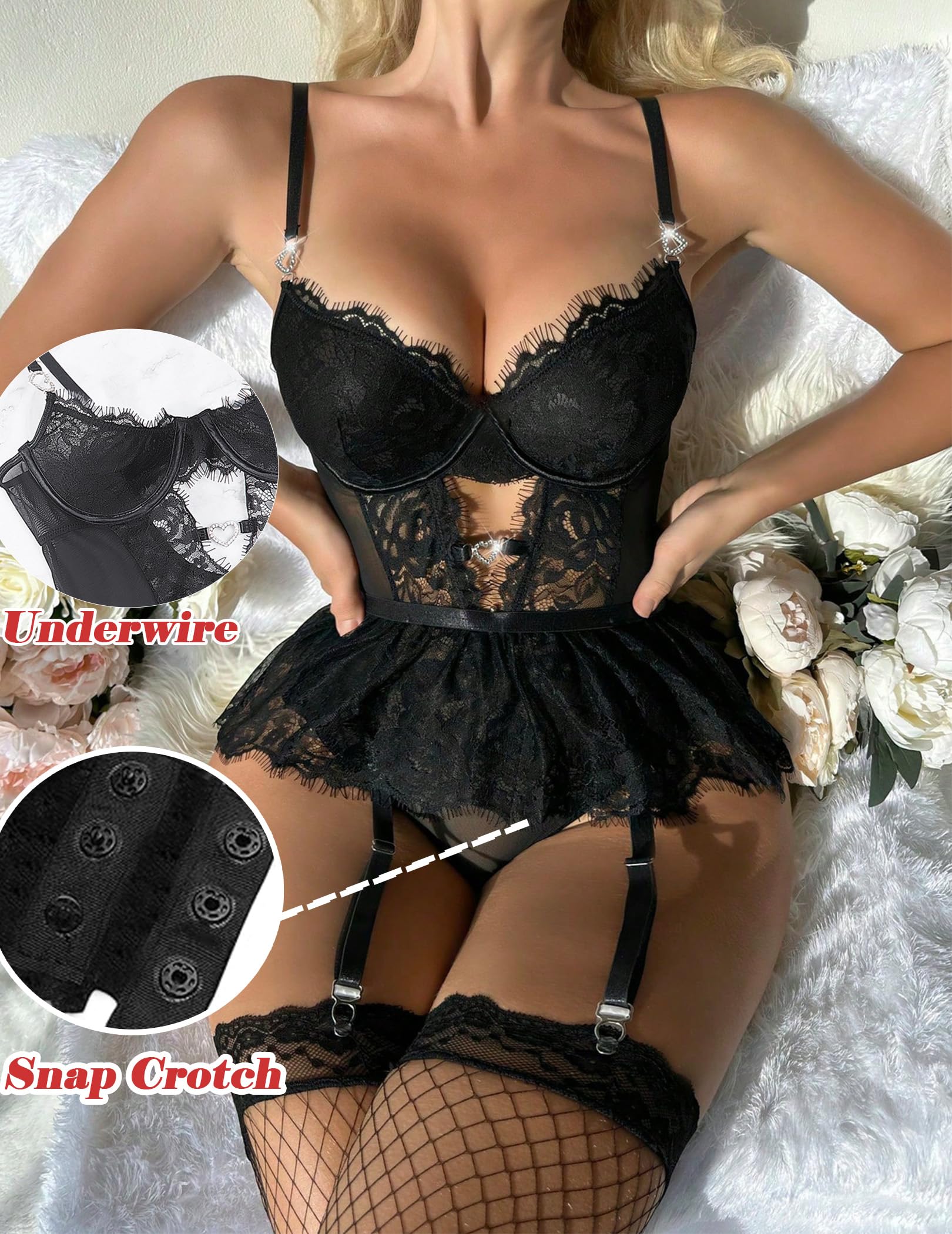 Alrovetoney Women Lingerie Set Naughty Lace Bodysuit High Waisted Underwire Lingerie Babydoll With Garter Belt and Stockings: Large Black