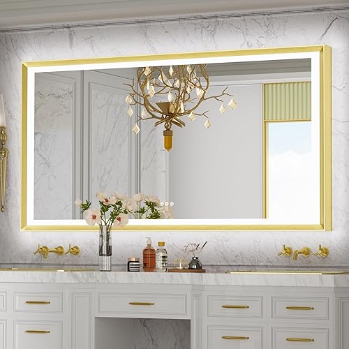 TokeShimi Espejo de pared de baño iluminado con marco dorado de 72 x 36 pulgadas con luces delanteras y retroiluminadas para tocador, aleación de