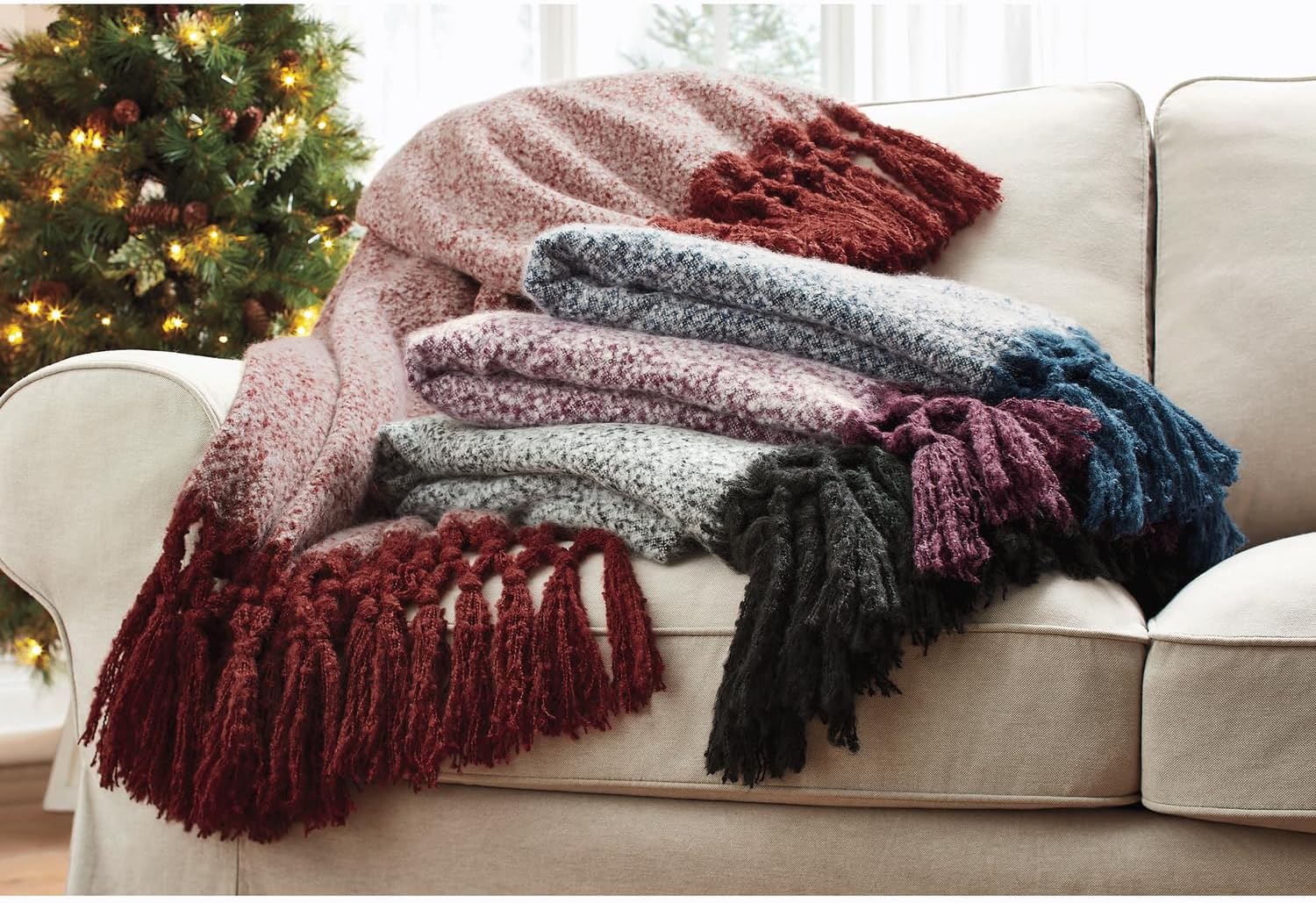 Montgomery Ward Boucle Throw with Macrame Fringe - Blanket, Cozy Wrap, Blue, 50" x 60"