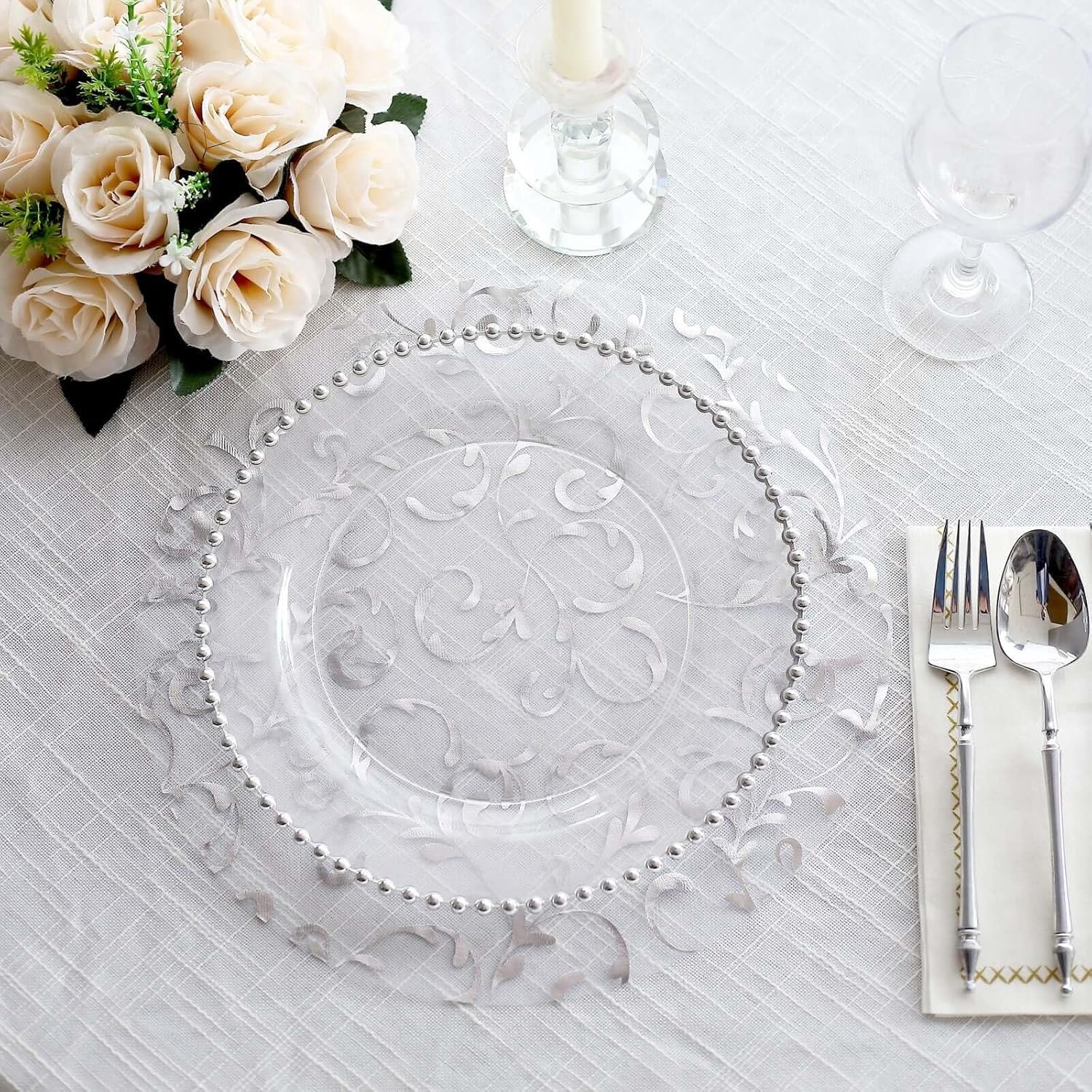 50 Pack 13" Silver Sheer Organza Placemats - Round Embossed Foil Flower Design Disposable and Elegant