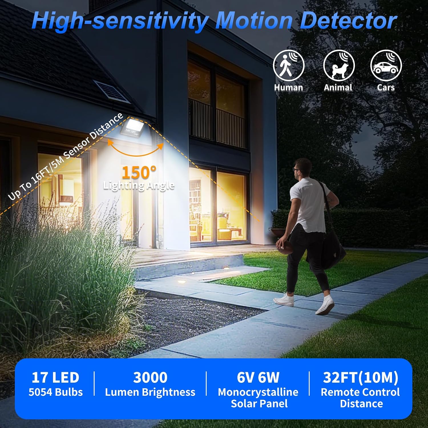 3000LM Solar Flood Lights Outdoor - IP67 Waterproof Powered Motion Sensor Light with 4000mAh Battery, Dusk to Dawn Led Solar Security Light With Remote Control for Wall Porch,Patio,Backyard,Barn,Shed