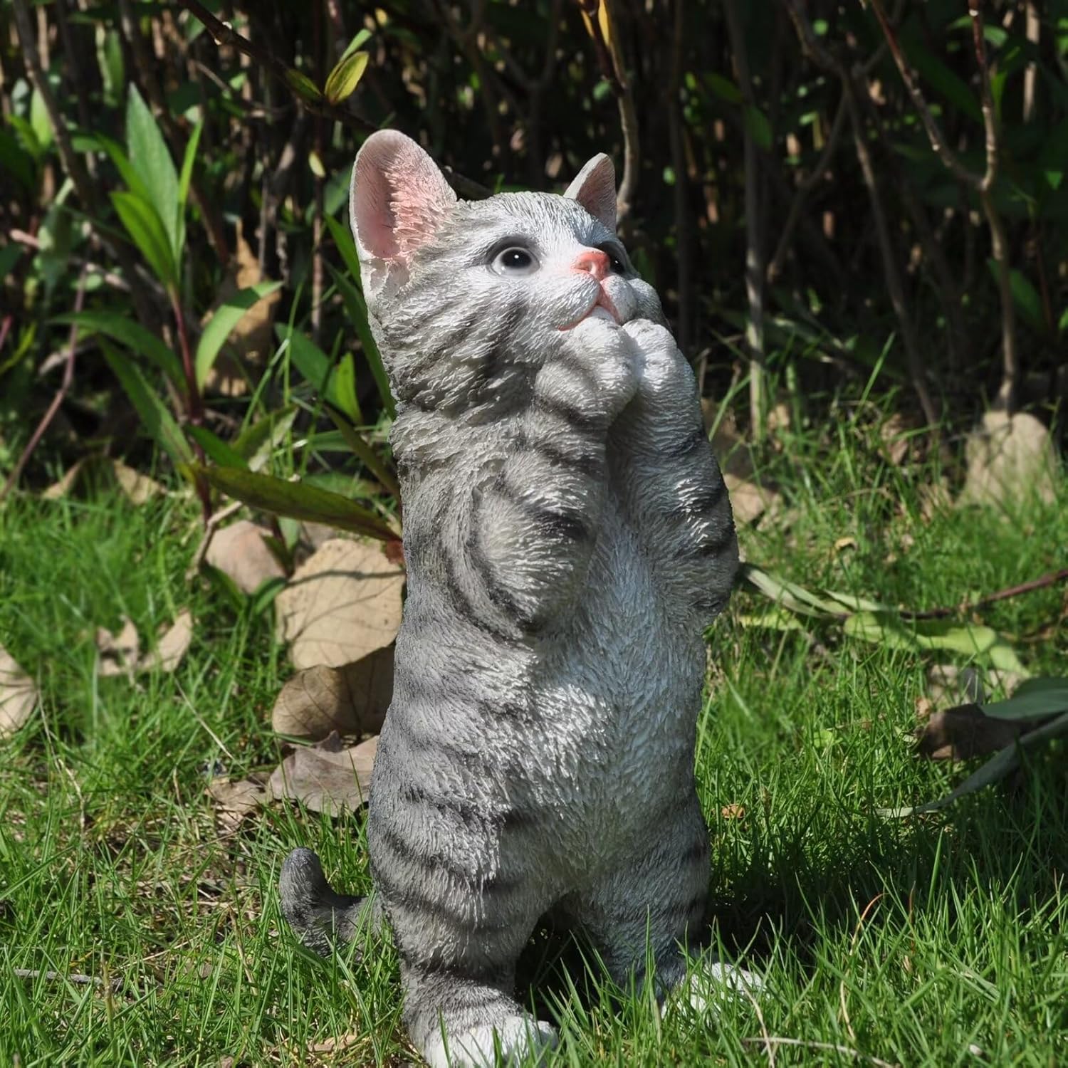 Garden Cat Decor - Outdoor Statue, 9.1" Tall Grey Praying Cat for Patio, Lawn & Indoor Table Accessory for Mom