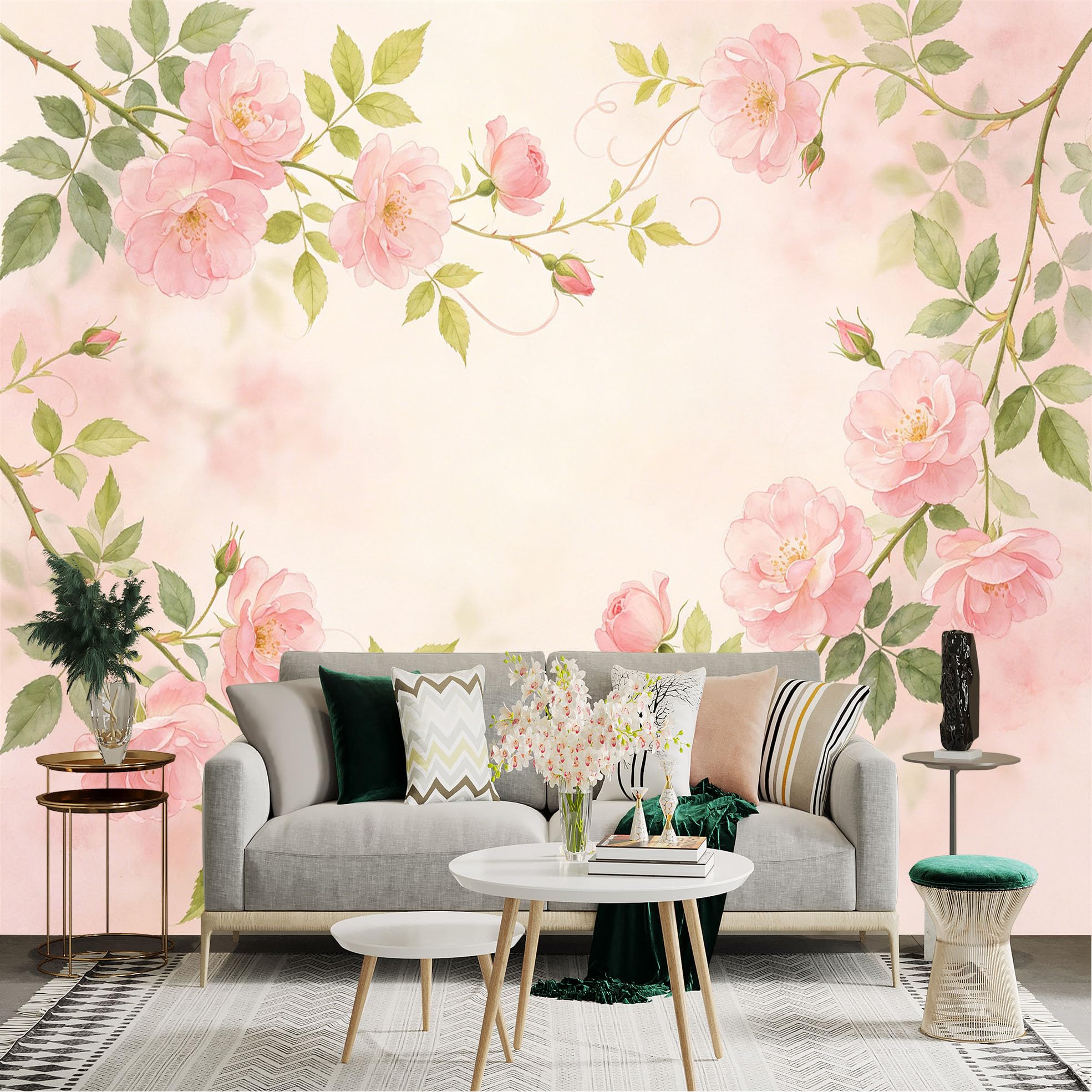 Lnzczhyre Dbh260521733 Custom Size Wall Sticker Mural， Soft Pink Watercolor Roses， Elegant Floral Vine Border， Botanical Nature Illustration， For Wall Decoration， Peelandstick Wall Decals.