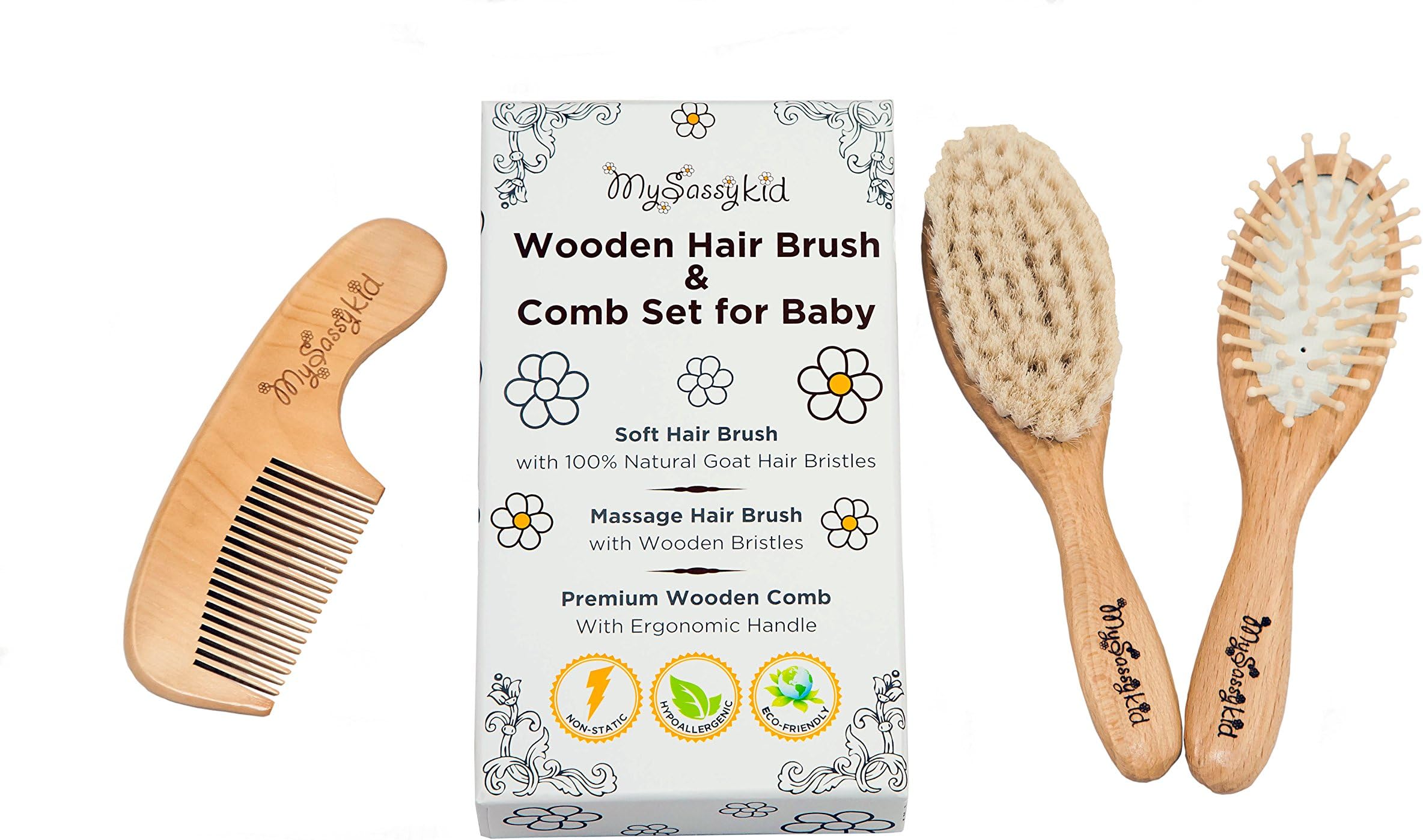 Slicemall Wooden Baby Hair Brush and Comb Set with Natural Goat Hair, Helps Prevent Cradle Cap