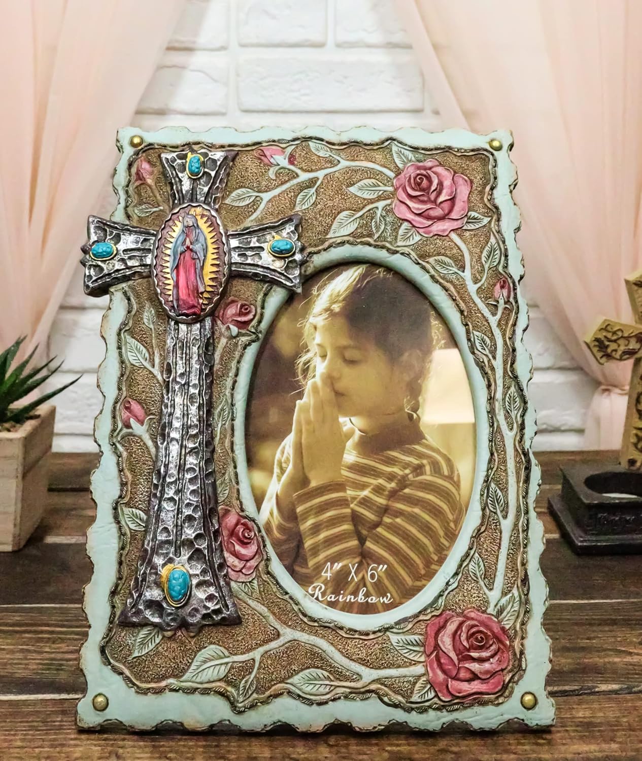 Ebros Gift Rustic Western Catholic Lady Of Grace Mother Mary Guadalupe Cross With Pink Roses 4X6 Picture Photo Frame Wall Or Desktop Easel Decorative Inspirational Accent
