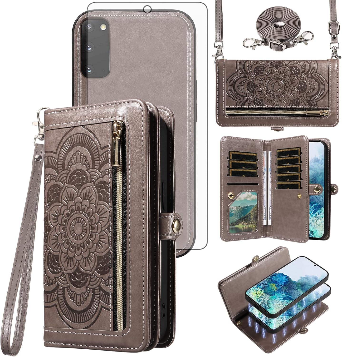 Asuwish Phone Case for Samsung Galaxy S20 5G 6.2 inch Zipper Wallet Magnetic Detachable Cell Cover with Tempered Glass Screen Protector Crossbody Strap Flower Card Holder S 20 20S UW S2O G5 Women Gray