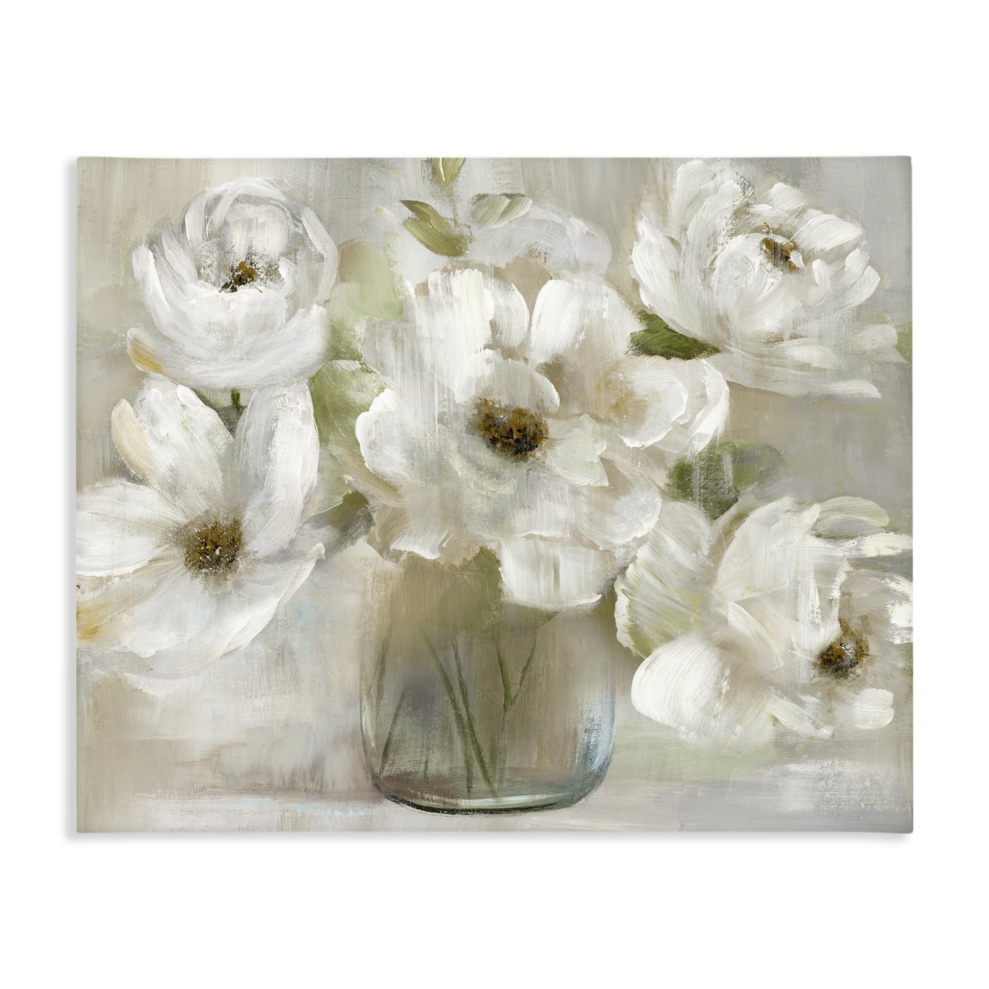 Stupell Industries Gentle White Petals in Vase, Serene Floral Bouquet for Dining Room, Soft Earth Tone Decor, 16 x 20 Inch Gallery Wrapped Canvas Wall Art, by Nan, Made in USA Gift