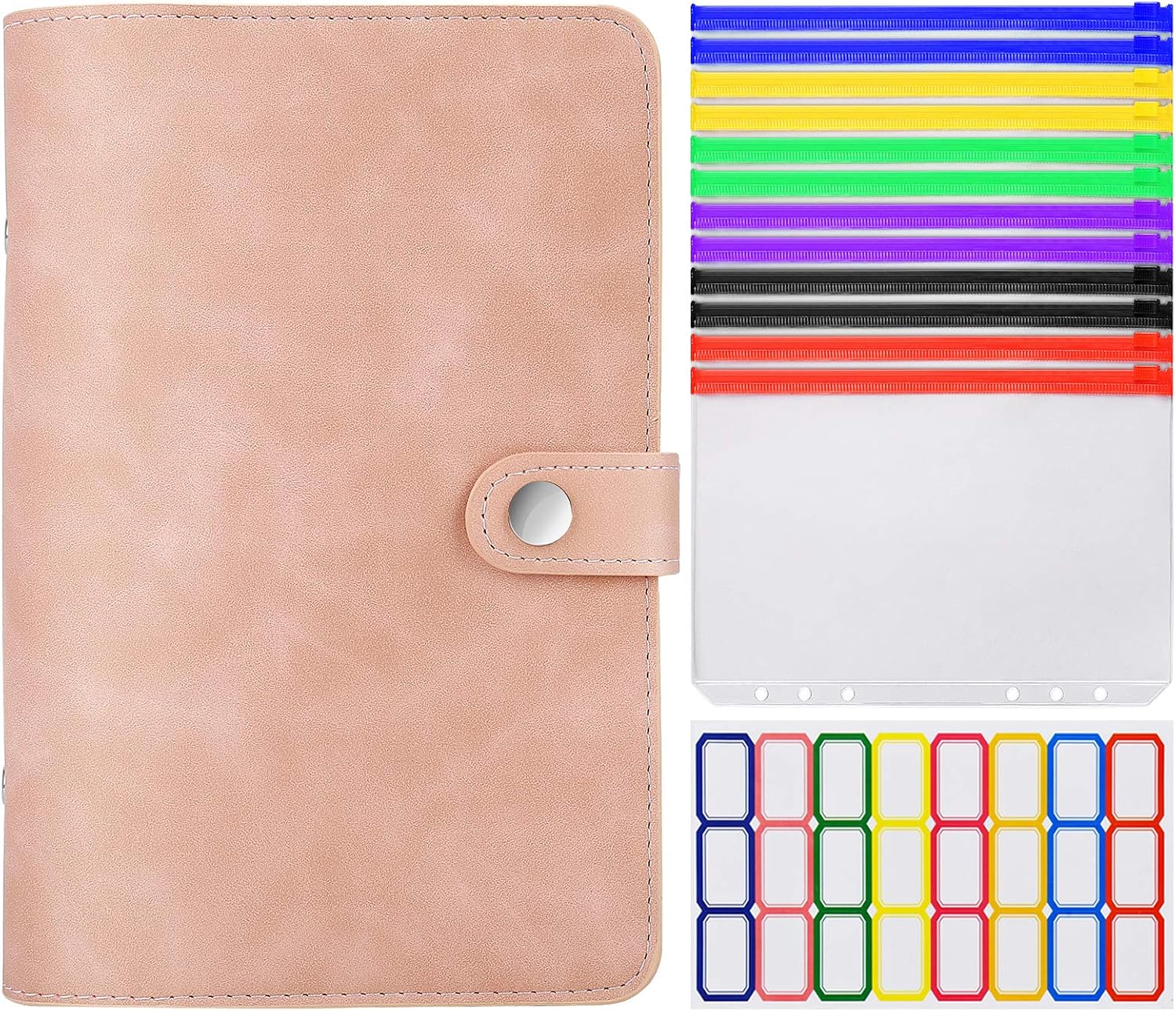 A6 Notebook Budget Binder, PU Leather Money Organizer with 12 PCS Colored Clear Plastic Zippered Cash Envelopes Pockets and Self-Adhesive Label, Budget Envelope, Pink