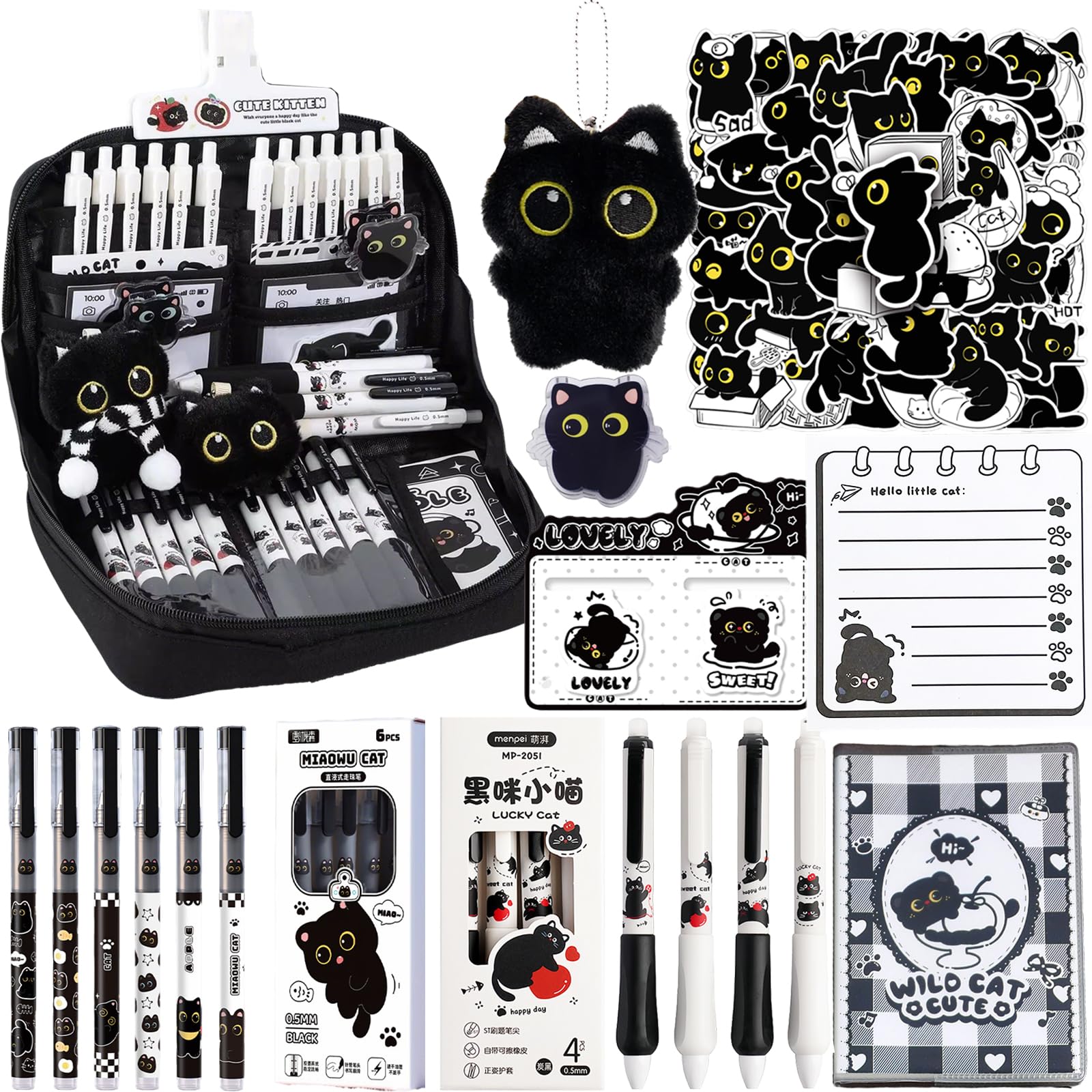 Grazioso astuccio con gatto nero con 12 scomparti. Il set regalo include astuccio nero, penna a sfera, portachiavi in peluche, adesivi, clip, quaderno, segnalibro e note adesive.