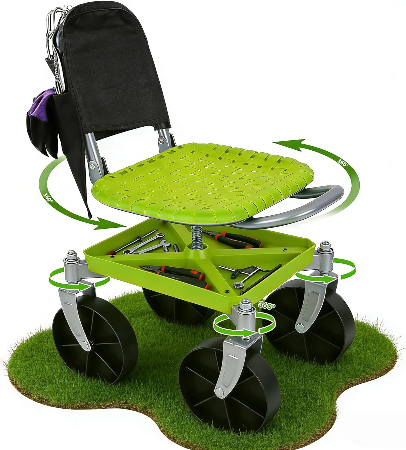 Outdoor Garden Stool with 360° Swivel Caster Wheels, Rolling Garden Cart with 360° Swivel Seat, Height Adjustment, Back Tool Pouch & Under-Seat Tray, Gardening Gifts for Women, Parents, Seniors