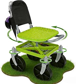 Outdoor Garden Stool with 360° Swivel Caster Wheels, Rolling Garden Cart with 360° Swivel Seat, Height Adjustment, Back Tool Pouch & Under-Seat Tray, Gardening Gifts for Women, Parents, Seniors