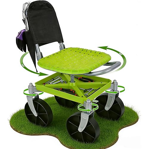 Outdoor Garden Stool with 360° Swivel Caster Wheels, Rolling Garden Cart with 360° Swivel Seat, Height Adjustment, Back Tool Pouch & Under-Seat Tray, Gardening Gifts for Women, Parents, Seniors