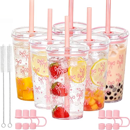 Clear Tumbler Cup, 16 oz Plastic Iced Coffee Cup with Lid and Straw, 6 Pack, Reusable and Dishwasher-Safe, for Gatherings and Outdoor Adventures (6, Butterfly Pink)