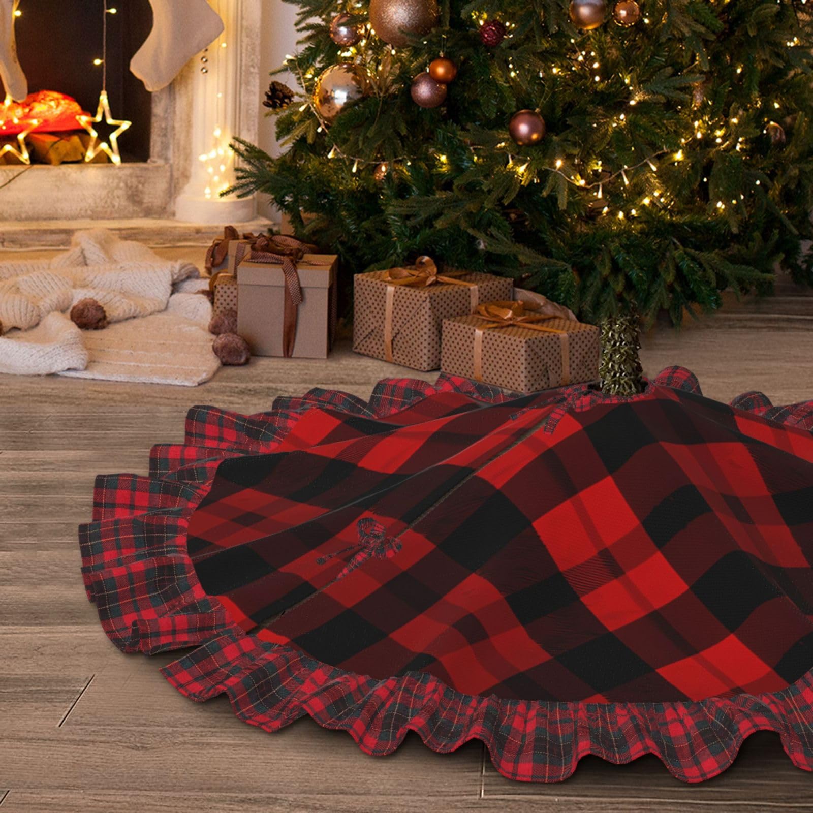 Jupe de sapin de Noël 122 cm à carreaux rouge et noir et dentelle imperméable rustique