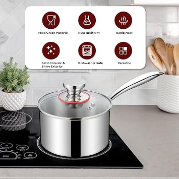 Homikit 2 Quart Saucepan with Lid, 2QT Tri-Ply Stainless Steel Sauce Pan with Ergonomic Handle, Heavy Bottom Small Pot for Kitchen Cooking, Compatible with All Cooktops for Boiling Eggs Warming Milk