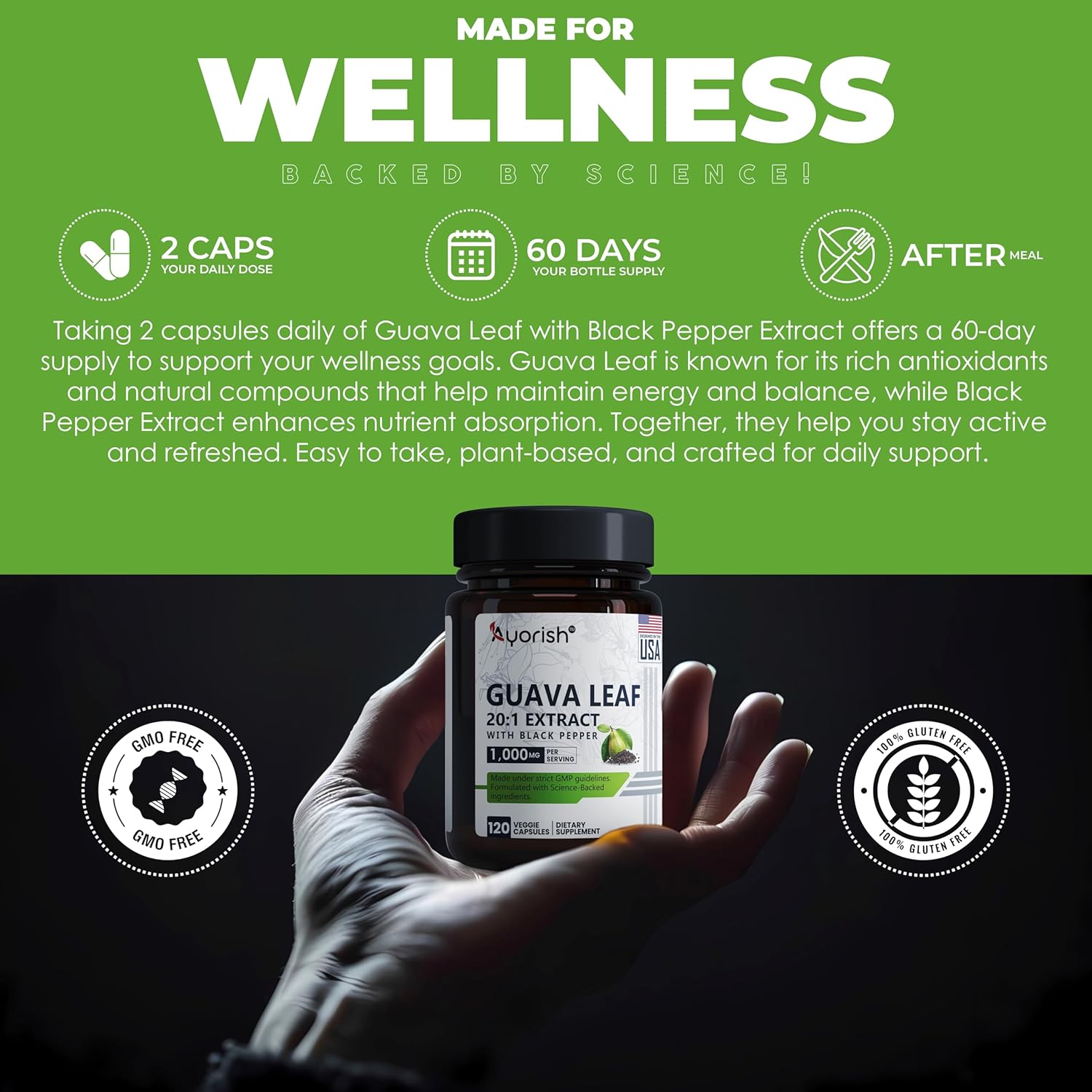 Guava Leaf Extract 1000mg, 20:1 with Black Pepper (Piperine) Per Serving (120 Capsules) 60 Days’ Supply| Non GMO Gluten Free Capsule -Psidium guajava Extract - Image 6