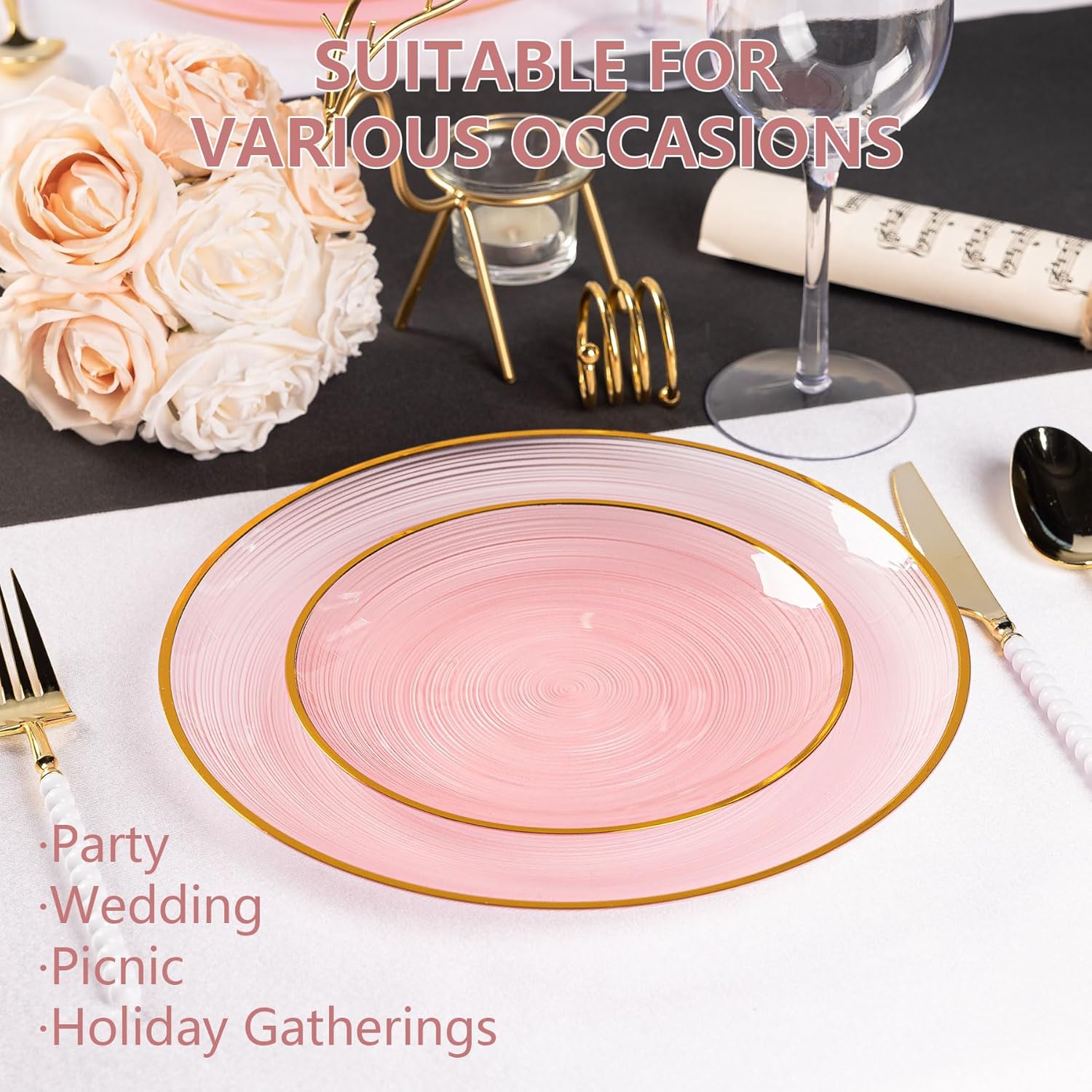100PCS Pink Plastic Plates-Crystal Design Pink Disposable Plates with Gold Rim, Fancy Disposable Plates Include 50 Dinner Plates, 50 Dessert/Salad Plates for Party & Wedding
