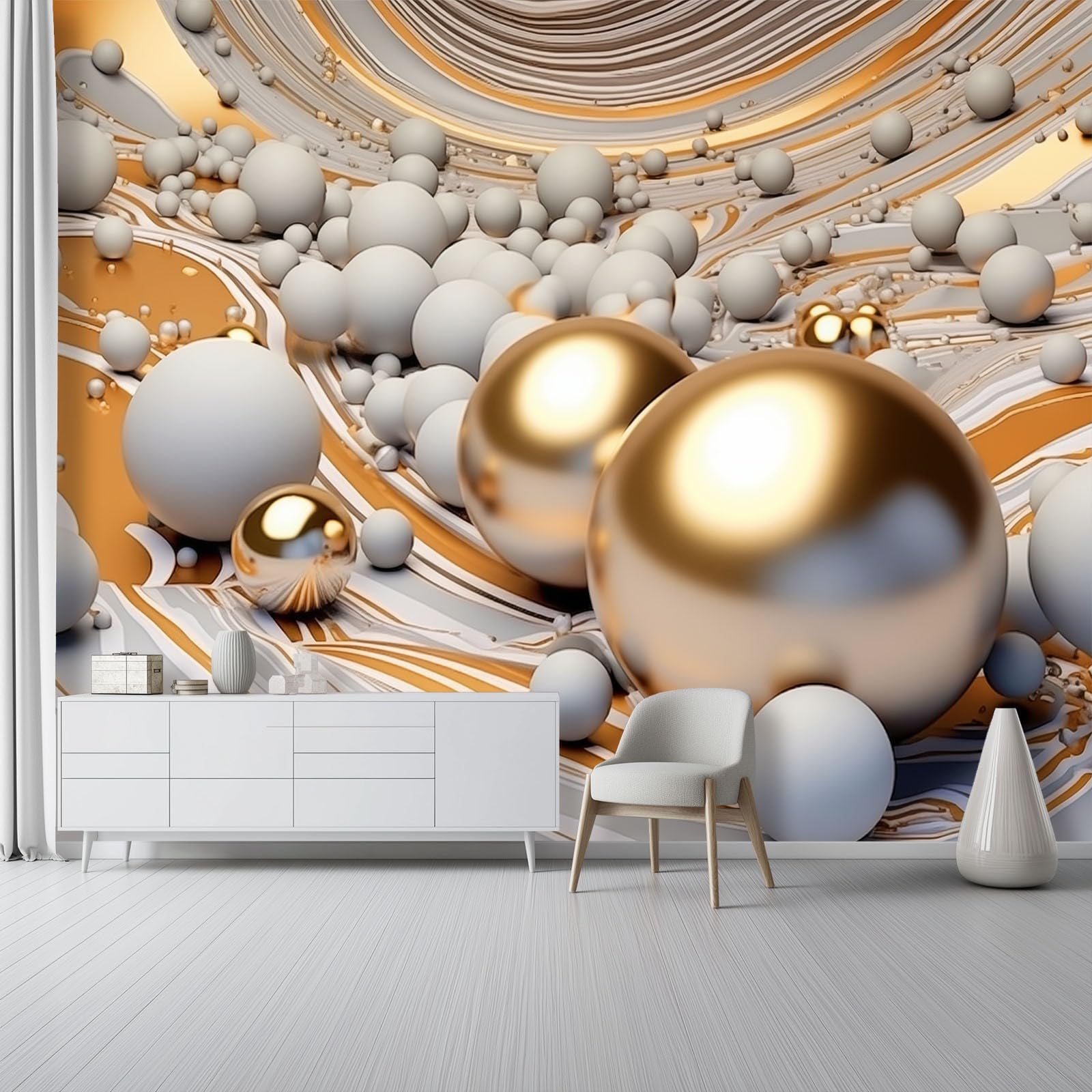 Tapeta z włókniny, 400 x 280 cm, do dekoracji ścian – abstrakcyjna, geometryczna kula 3D, tapeta do salonu, pokoju dziecięcego, tło TV, złoto-srebrna, modny design, fototapeta