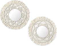 Mkono Boho Macrame Hanging Wall Mirror Set of 2 - Small Round Fringe Decor for Bedroom, Living Room, Nursery, Apartment