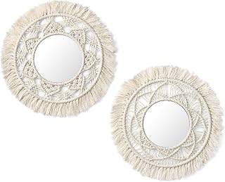 Mkono Boho Macrame Hanging Wall Mirror Set of 2 - Small Round Fringe Decor for Bedroom, Living Room, Nursery, Apartment