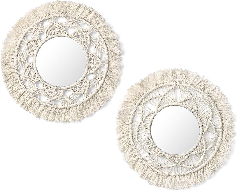 Hanging Wall Mirror with Macrame Fringe 2 Set Small Round Decoration Boho Antique Mirror for Apartment LivingRoom Bedroom Baby Nursery,Beautiful Gift Ideas