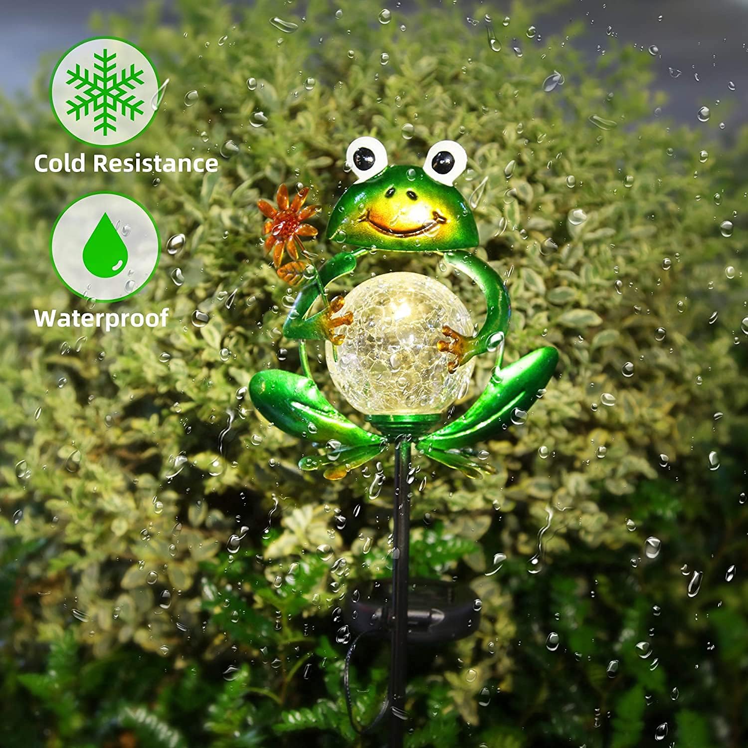 Litake Solar Garden Lights Frog Garden Outdoor Decorations Solar Lights Waterproof Crackle Glass Globe Metal Garden Stake Lights Warm White for Patio, Path, Yard, Lawn