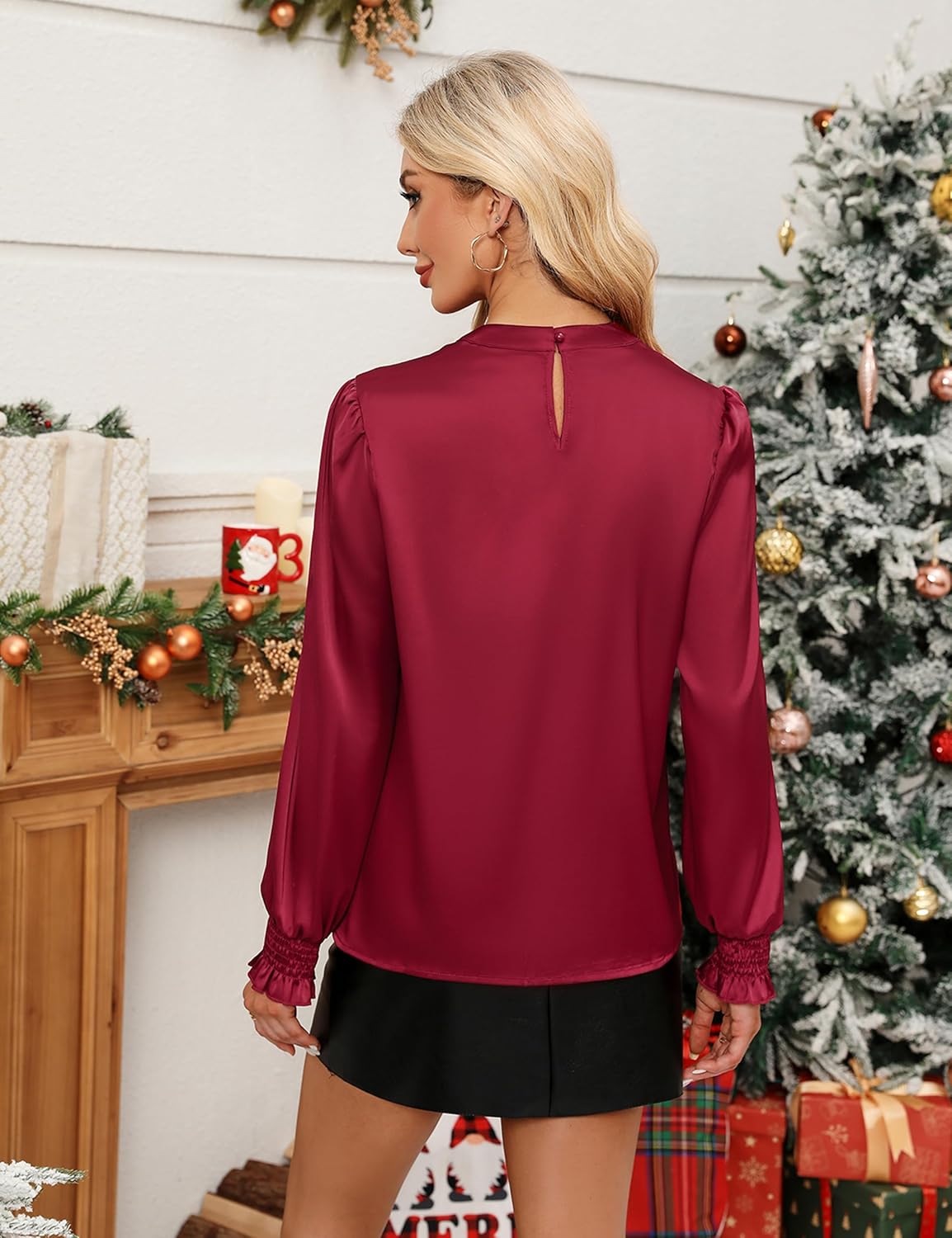 BMJL Womens Dressy Casual Blouse Black Long Sleeve Shirts Satin Silk Keyhole Business Work Tops Fall Outfits 2025 - Image 3